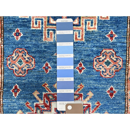 Blue wool afghan super kazak rug hand knotted blue soft 2'6"x33'6" runner.