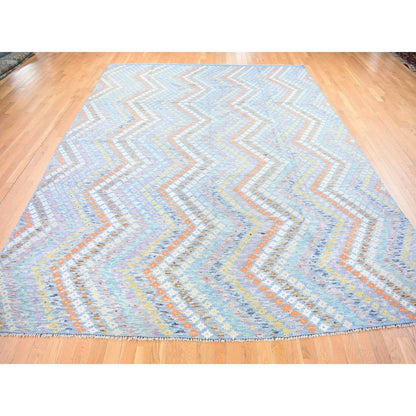 10'3'X13'3" Light Blue Kilim Hand Knotted Pure Wool Rug