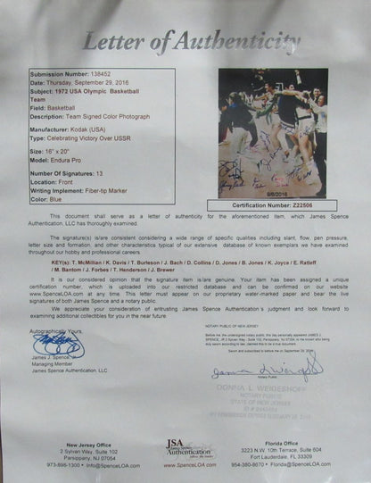 1972 Team Usa Basketball 13X Team Signed 16X20 Photo Olympics Jsa 193123