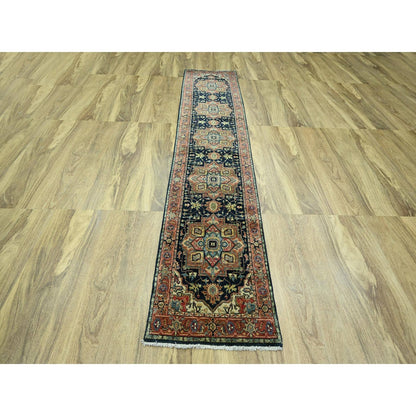 2'6"X11'5" Navy Heris With Medallions Design Hand Knotted Wool Runner Rug