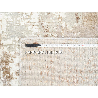 2'9"X10' Beige With Brown Modern Wool-Silk Hand Knotted Runner Rug