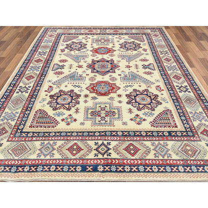 9'1"X11'7" Hand Knotted Ivory Afghan Special Kazak Natural Wool Rug