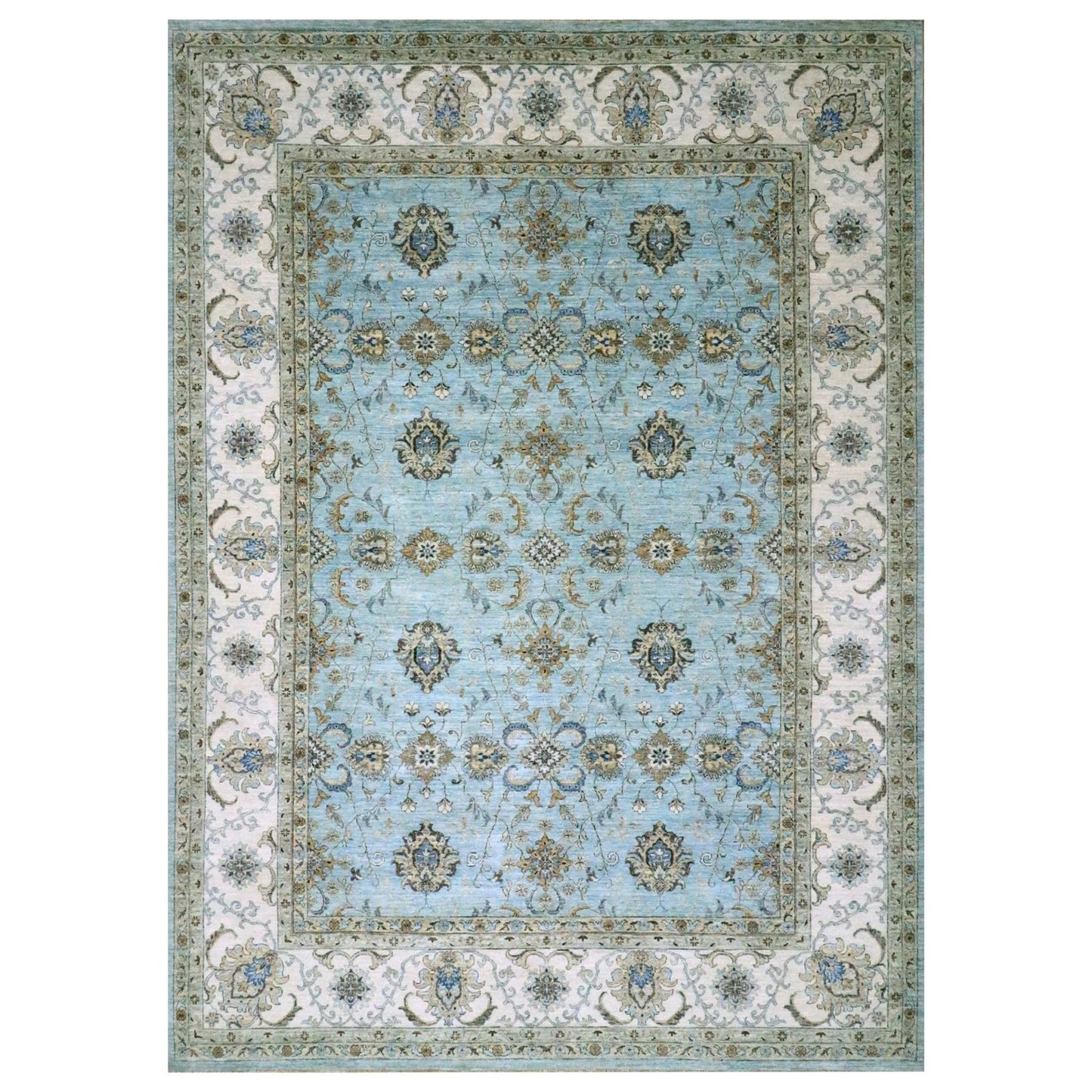 10'X13'10" Blue Hand Knotted Agra Shah Abbas Flower Vines Design Wool Rug