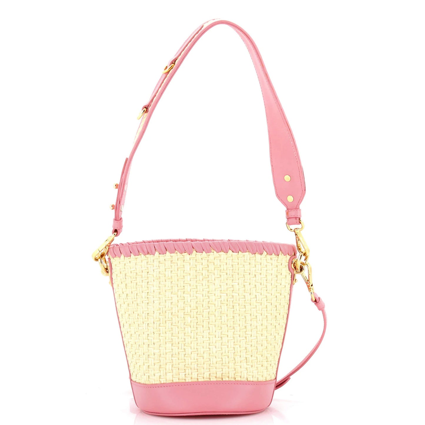 Prada Bucket Bag Woven Raffia With Leather With Applique Small