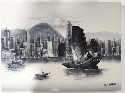 W Chan - Hong Kong Victoria Harbour Original Painting Oil On Canvas Signed