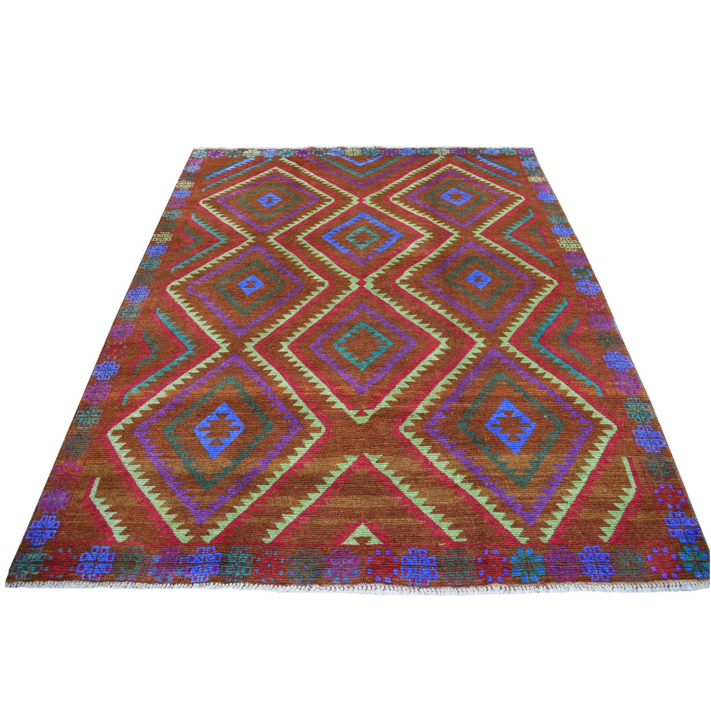 6'1"X7'8" Geometric Design Hand Made Wool Colorful Afghan Village Rug