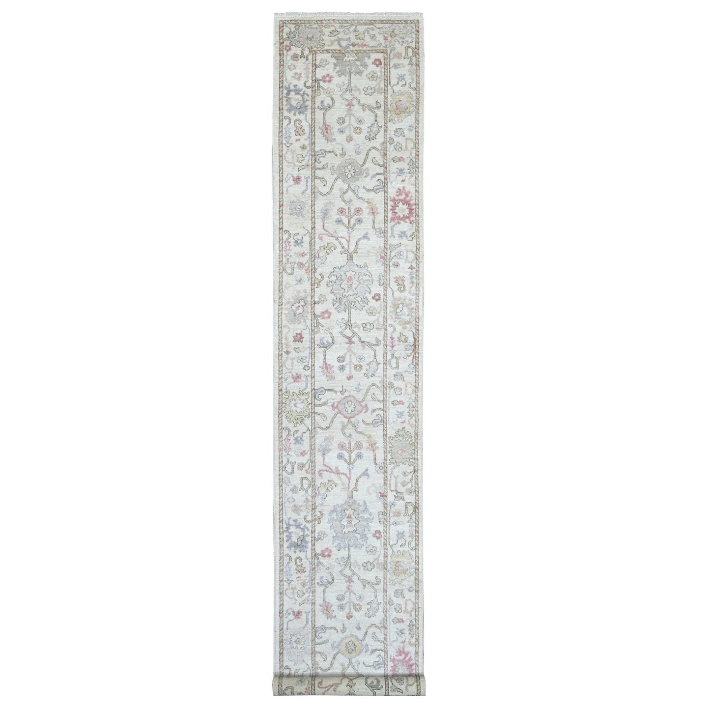 2'8"x15'7" Ivory Angora Oushak Leaf Design Hand Knotted Wool Runner Rug