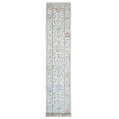 2'8"x15'7" Ivory Angora Oushak Leaf Design Hand Knotted Wool Runner Rug