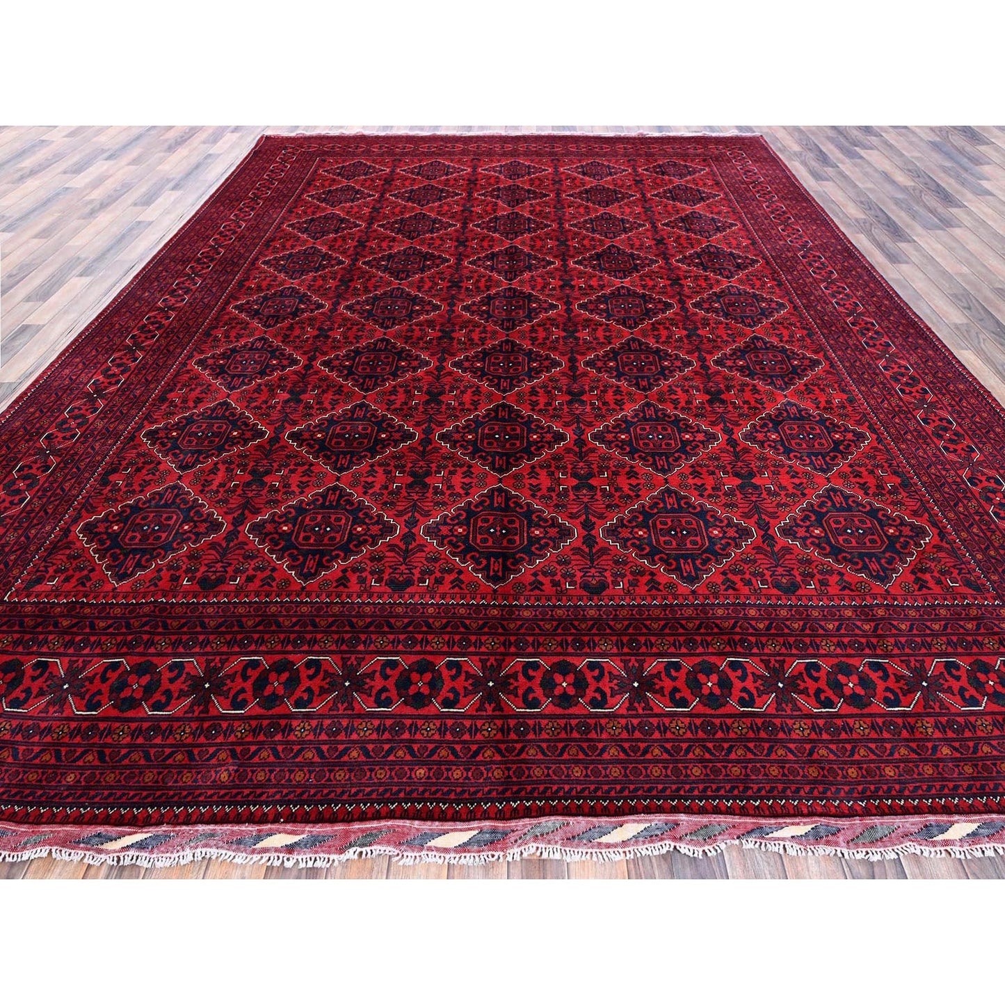 9'9"X13'1" Red Afghan Khamyab Geometric Design Soft Wool Hand Knotted Rug