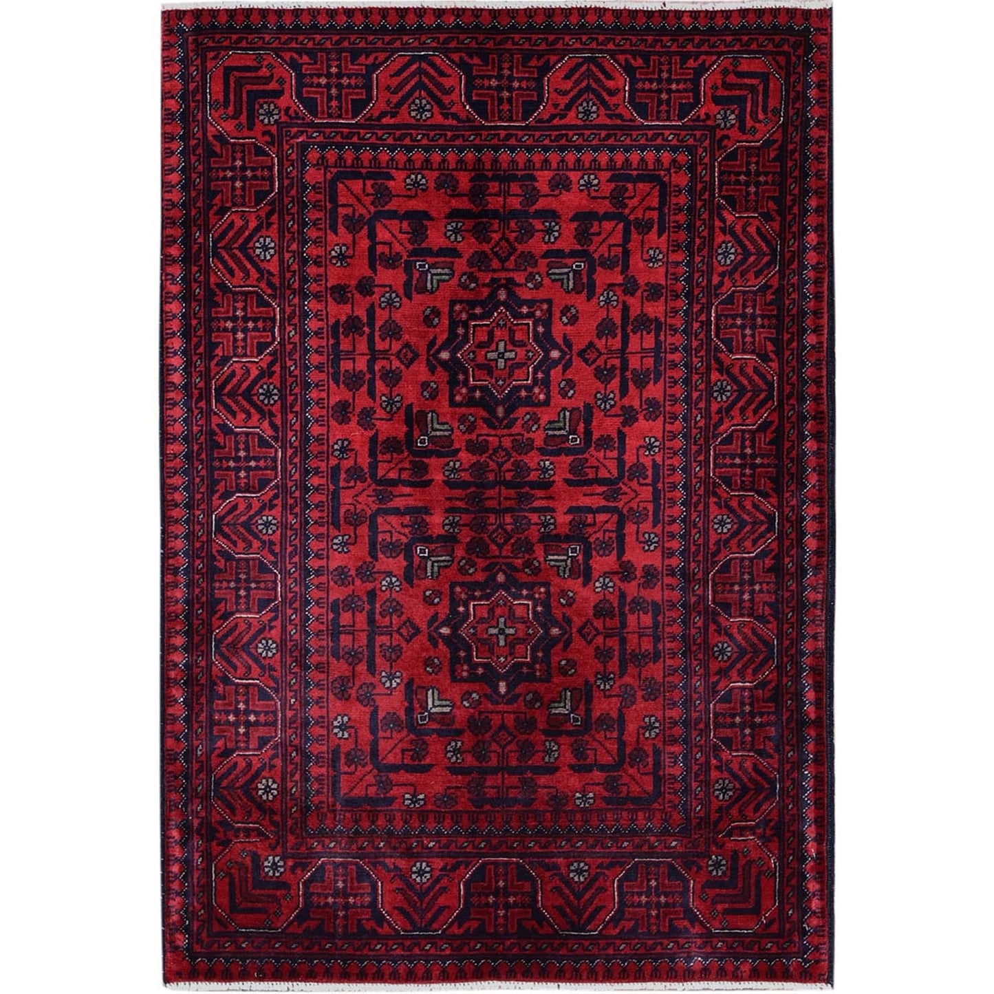 2'8"X4' Red Afghan Khamyab Geometric Design Hand Knotted Wool Sample Rug
