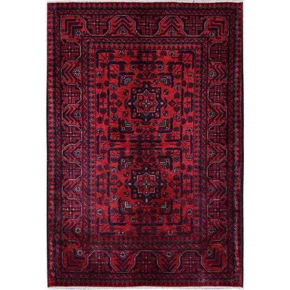 2'8"X4' Red Afghan Khamyab Geometric Design Hand Knotted Wool Sample Rug