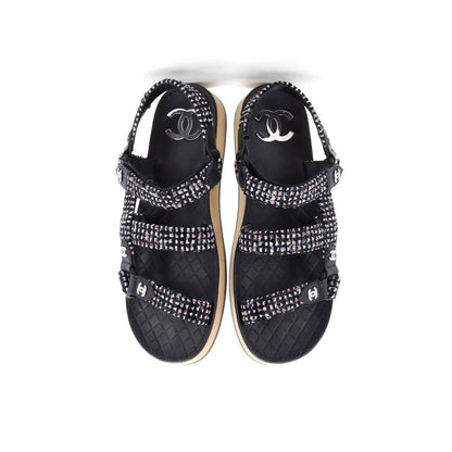 Chanel Women'S Crystal Cc Sandals Tweed