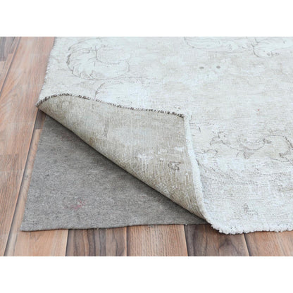 9'8"X12'5" Ivory Hand Knotted Worn Wool Distressed Vintage Farsian Rug
