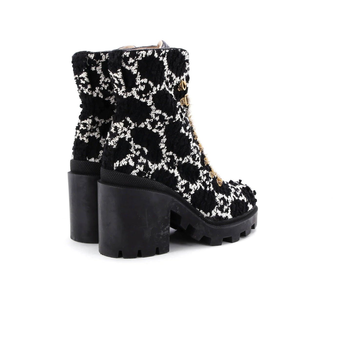 Gucci Women'S Heeled Lace Up Combat Ankle Boots Gg Tweed