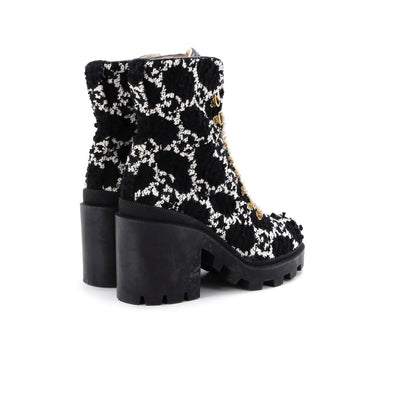 Gucci Women'S Heeled Lace Up Combat Ankle Boots Gg Tweed