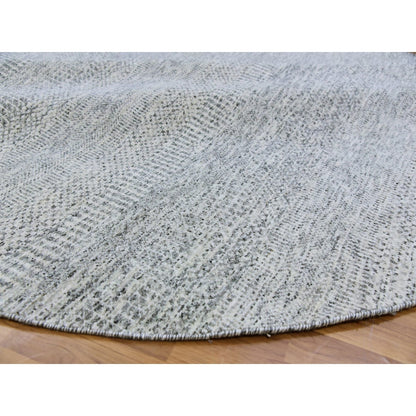 7'9"X7'9" Gray Undyed Pure Wool Grass Design Hand Knotted Round Rug