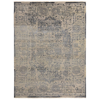 9'1"X12' Tan Color Erased Zoroastrian Design Wool & Silk Hand Knotted Rug