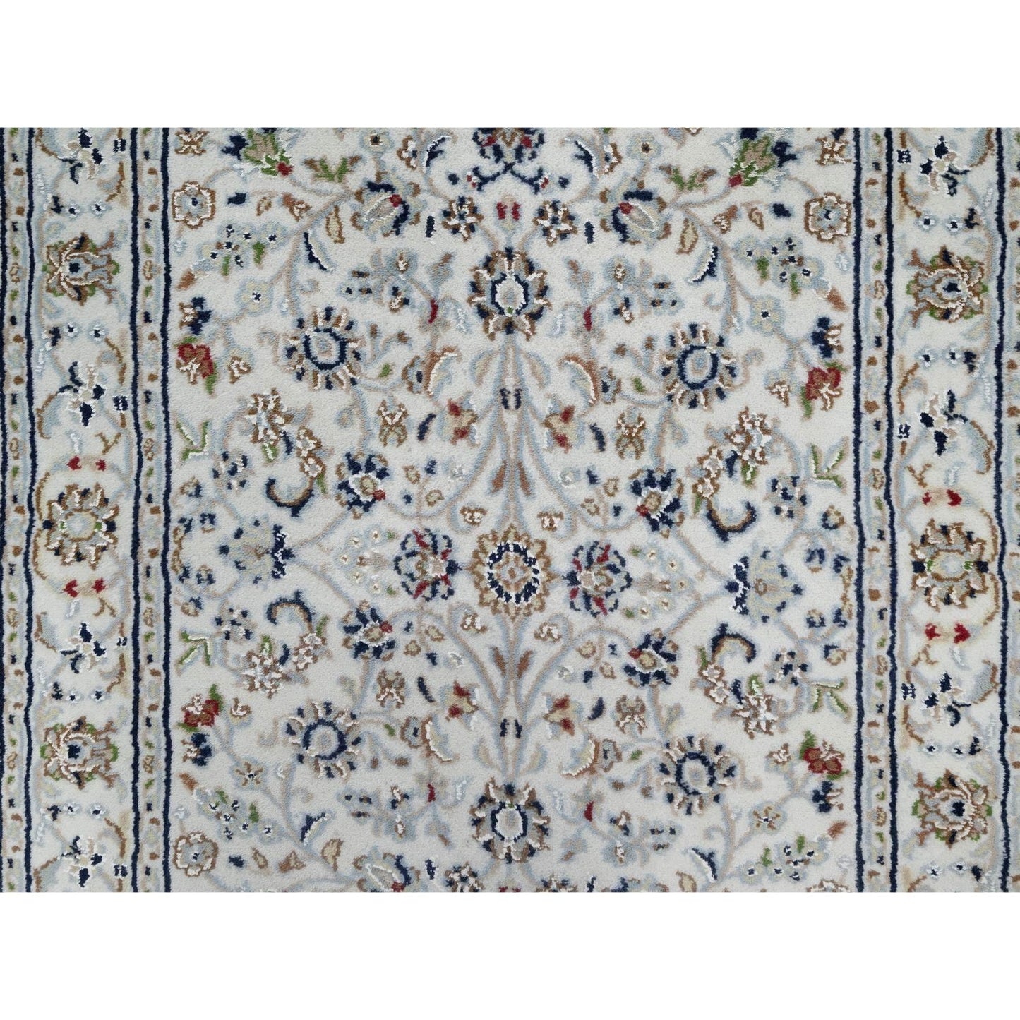 2'9"X14' White Wool And Silk Nain Flower Design Hand Knotted Runner Rug