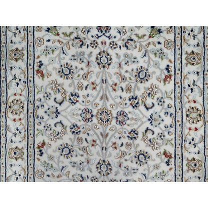 2'9"X14' White Wool And Silk Nain Flower Design Hand Knotted Runner Rug