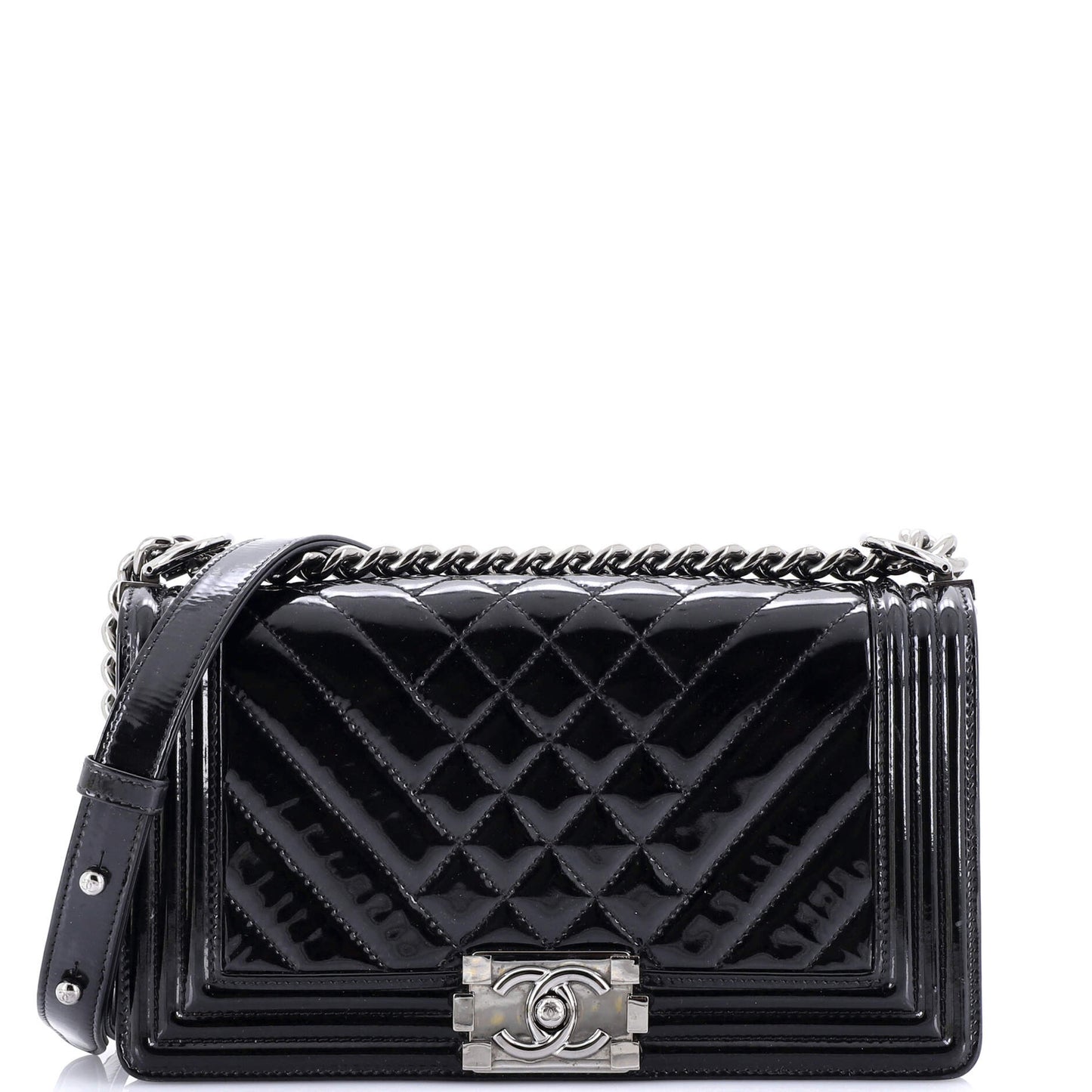 Chanel Boy Flap Bag Chevron Patent Old Medium