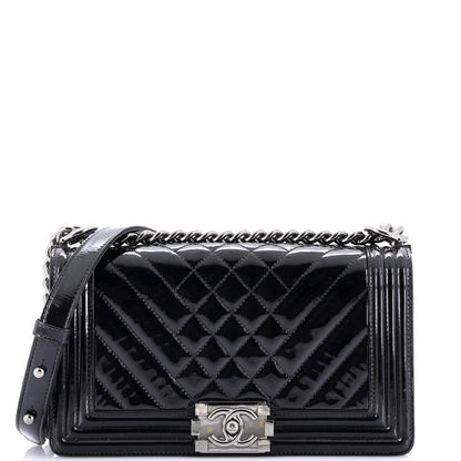 Chanel Boy Flap Bag Chevron Patent Old Medium