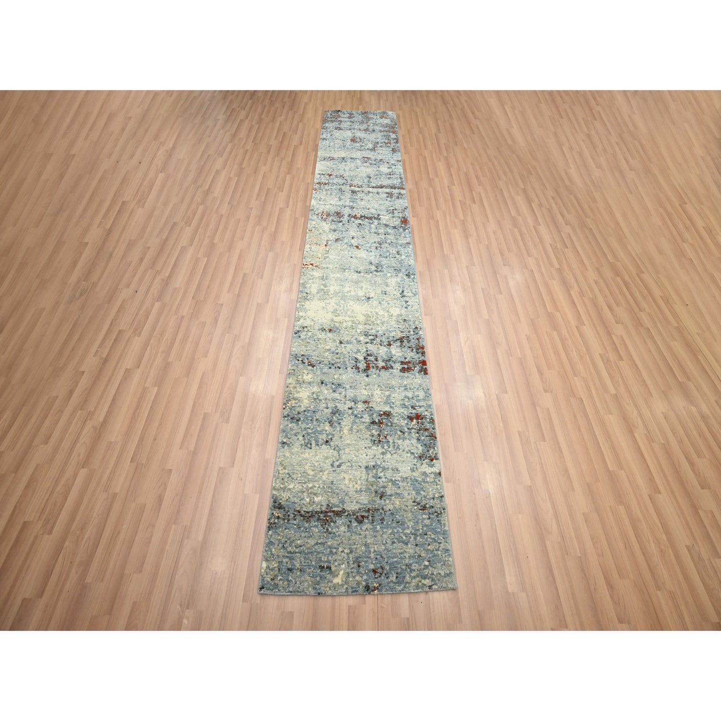 2'6"X12'2" Beige With Blue Abstract Design Wool Hand Knotted Runner Rug