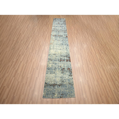 2'6"X12'2" Beige With Blue Abstract Design Wool Hand Knotted Runner Rug