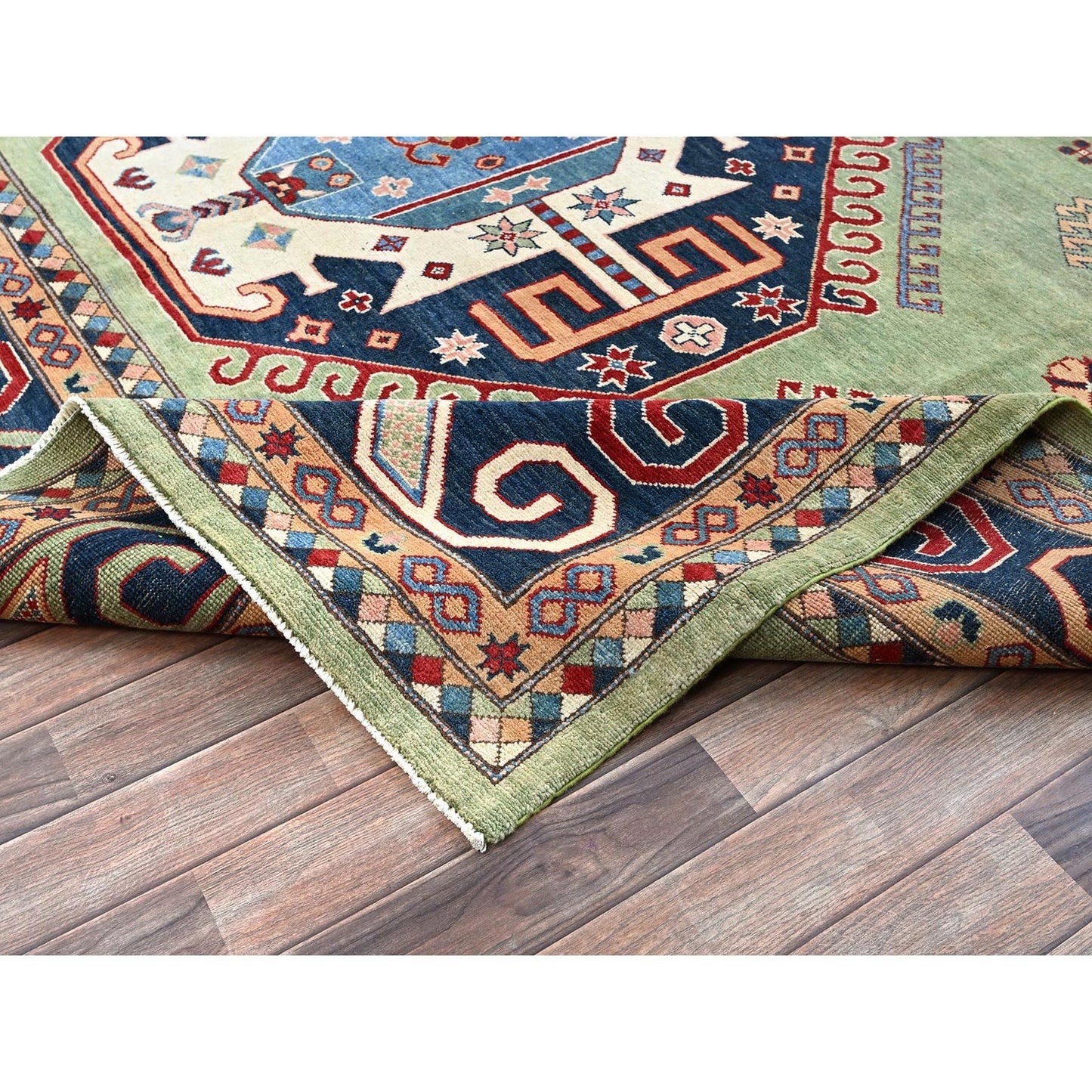 9'2"X11'7" Green Special Kazak Geometric Design Hand Knotted Pure Wool Rug
