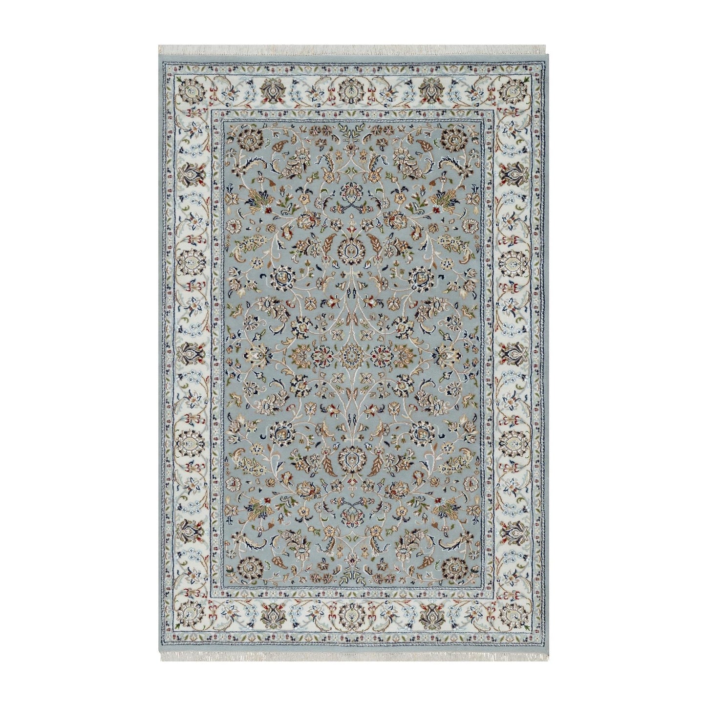 5'X8' Beau Blue Wool And Silk Nain With Flower Design Hand Knotted Rug
