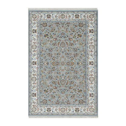 5'X8' Beau Blue Wool And Silk Nain With Flower Design Hand Knotted Rug