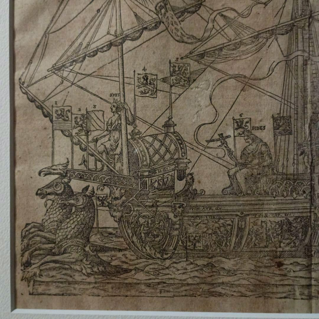 Sebastian Munster Woodcut 1628 Ship Of Emperor Charles V Rare Antique Print