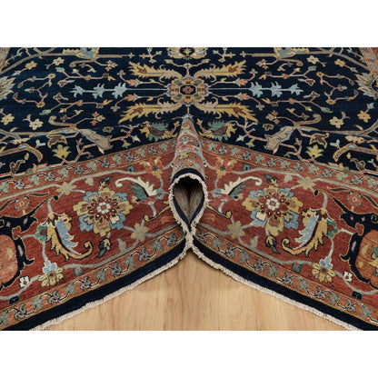 9'X12'2" Midnight Blue Antiqued Heris Re-Creation Hand Knotted Wool Rug