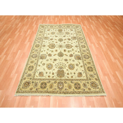 5'5"X8' Linen White Agra Colorful Leaf Pattern Hand Knotted Pure Wool Rug