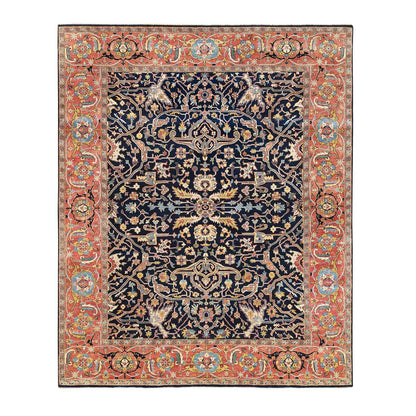 8'1"X10'1" Blue Antiqued Heris Re-Creation Soft Wool Hand Knotted Rug