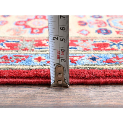 5'X6'4" Scarlet Red Kazak With Geometric Design Hand Knotted Pure Wool Rug