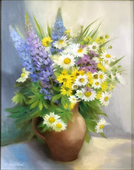 V. Dvorakova Lupines And Wildflowers Original Oil Painting Floral Still Life
