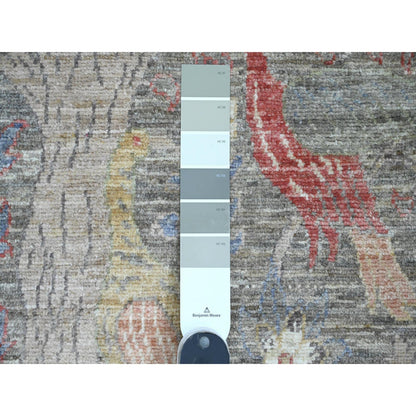 2'6"X6'2" Gray Afghan Peshawar Birds Design Wool Hand Knotted Runner Rug