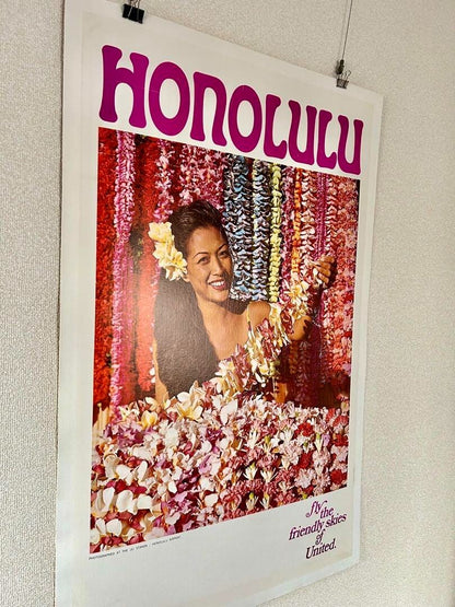 Original Vintage Poster United Airlines Hawaii Hawaiian Lei Beautiful Girl