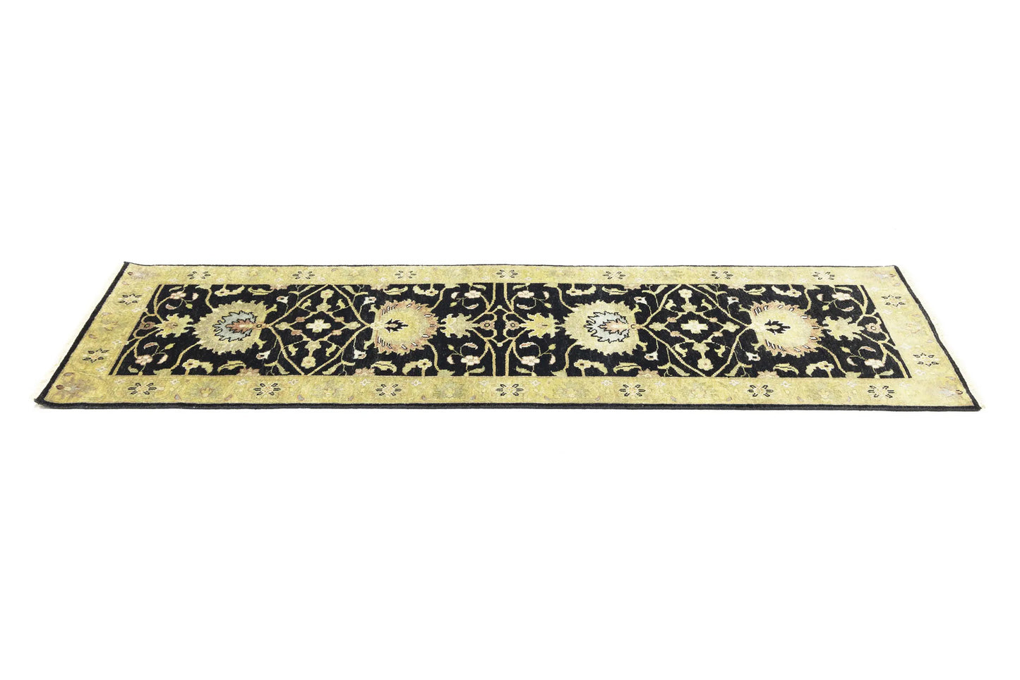 Hand-Knotted Oushak Oriental Wool Runner Rug Floral Black Carpet 2'5x7'11 ft