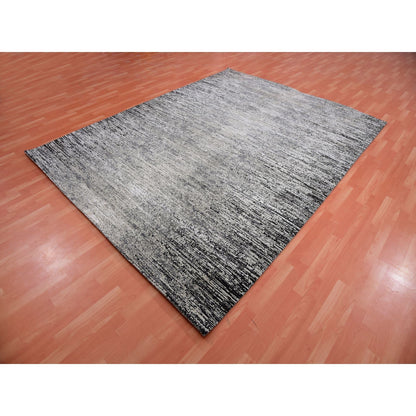 8'X10'3" Domino Black Modern Wool And Silk Striae Design Hand Knotted Rug