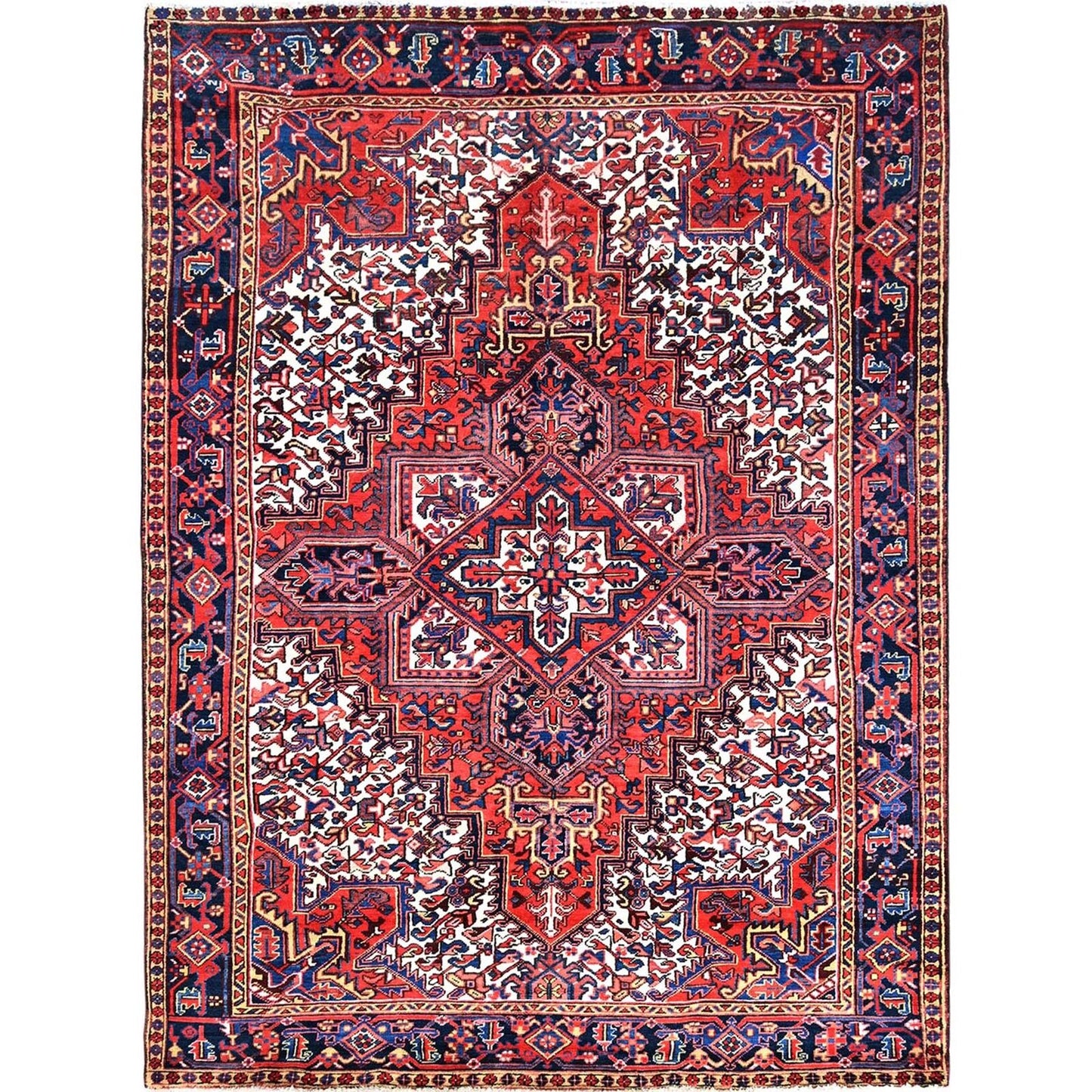 7'4"X10'2" Red Hand Knotted Vintage Oriental Heris Village Motifs Rug