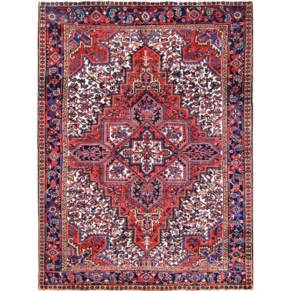 7'4"X10'2" Red Hand Knotted Vintage Oriental Heris Village Motifs Rug
