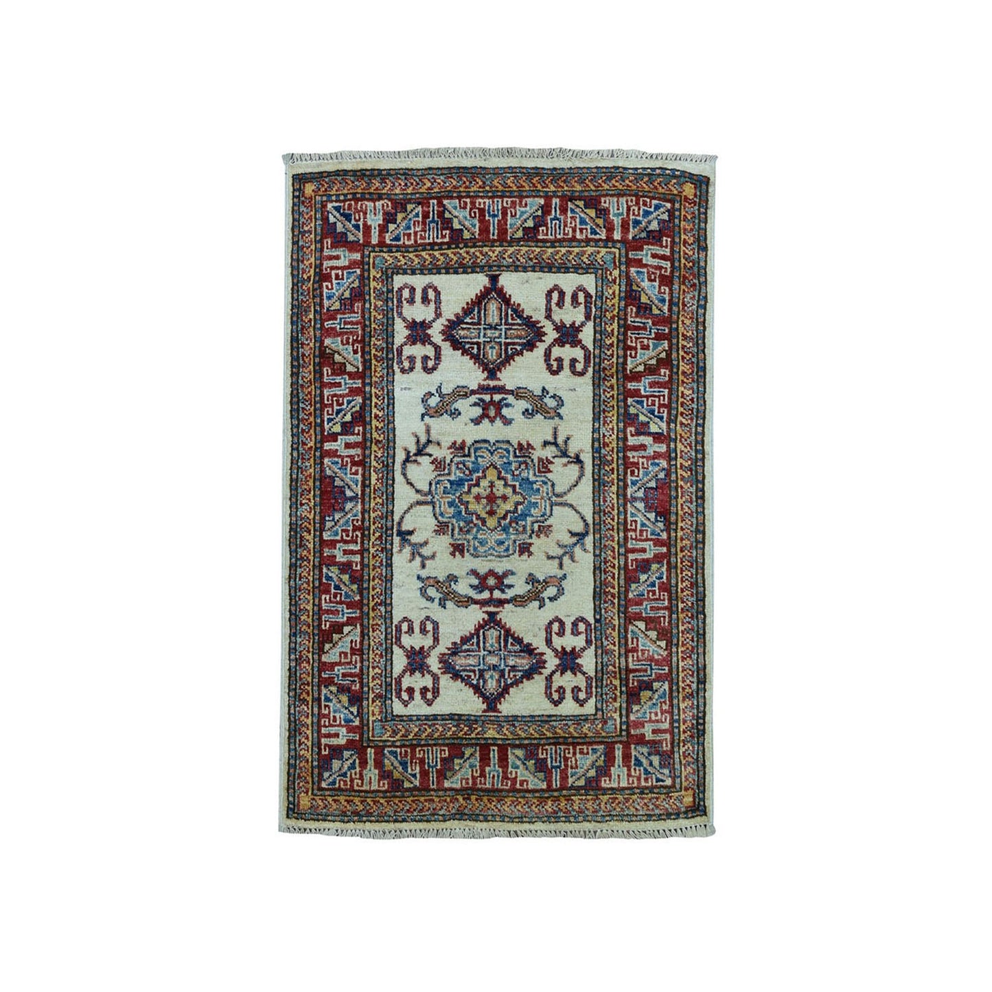 2'2"X3'1" Ivory Super Kazak Pure Wool Geometric Design Handmade Rug