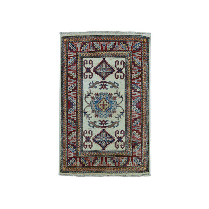 2'2"X3'1" Ivory Super Kazak Pure Wool Geometric Design Handmade Rug