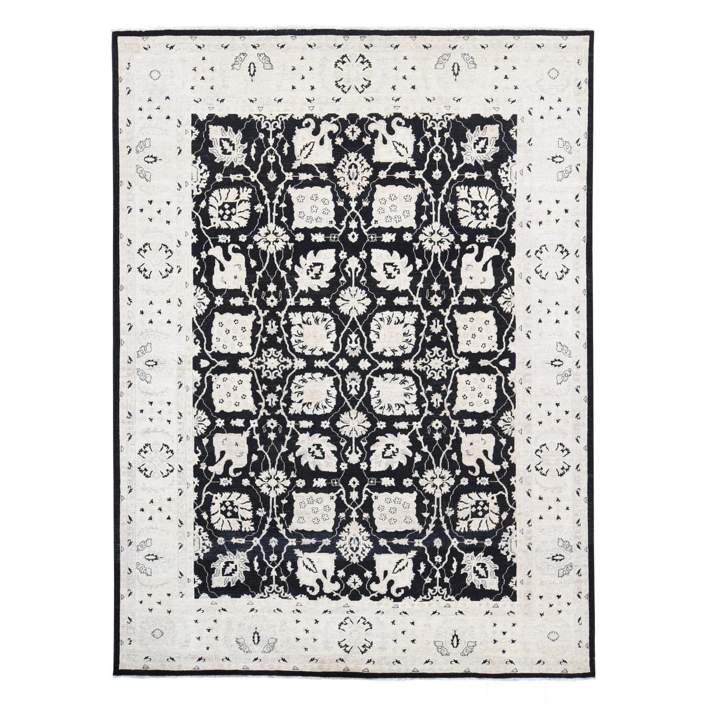 8'10"X12' Black Pure Wool Hand Knotted Afghan Peshawar Rug