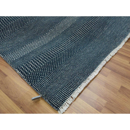 6'X9' Yankees Blue Wool And Silk Hand Knotted Grass Design Rug