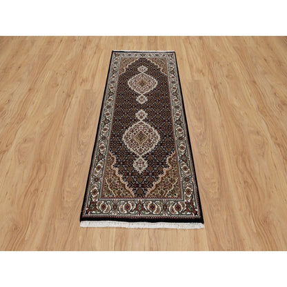 2'7"X6'3" Black Hand Knotted Tebraz Mahi Fish Design Pure Wool Runner Rug