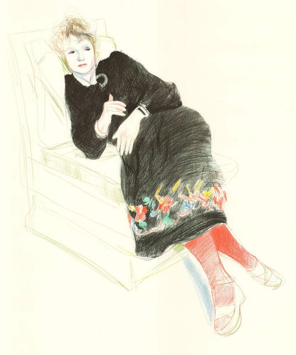 David Hockney Portrait Of Celia In A Black Dress With Colored Border " L
