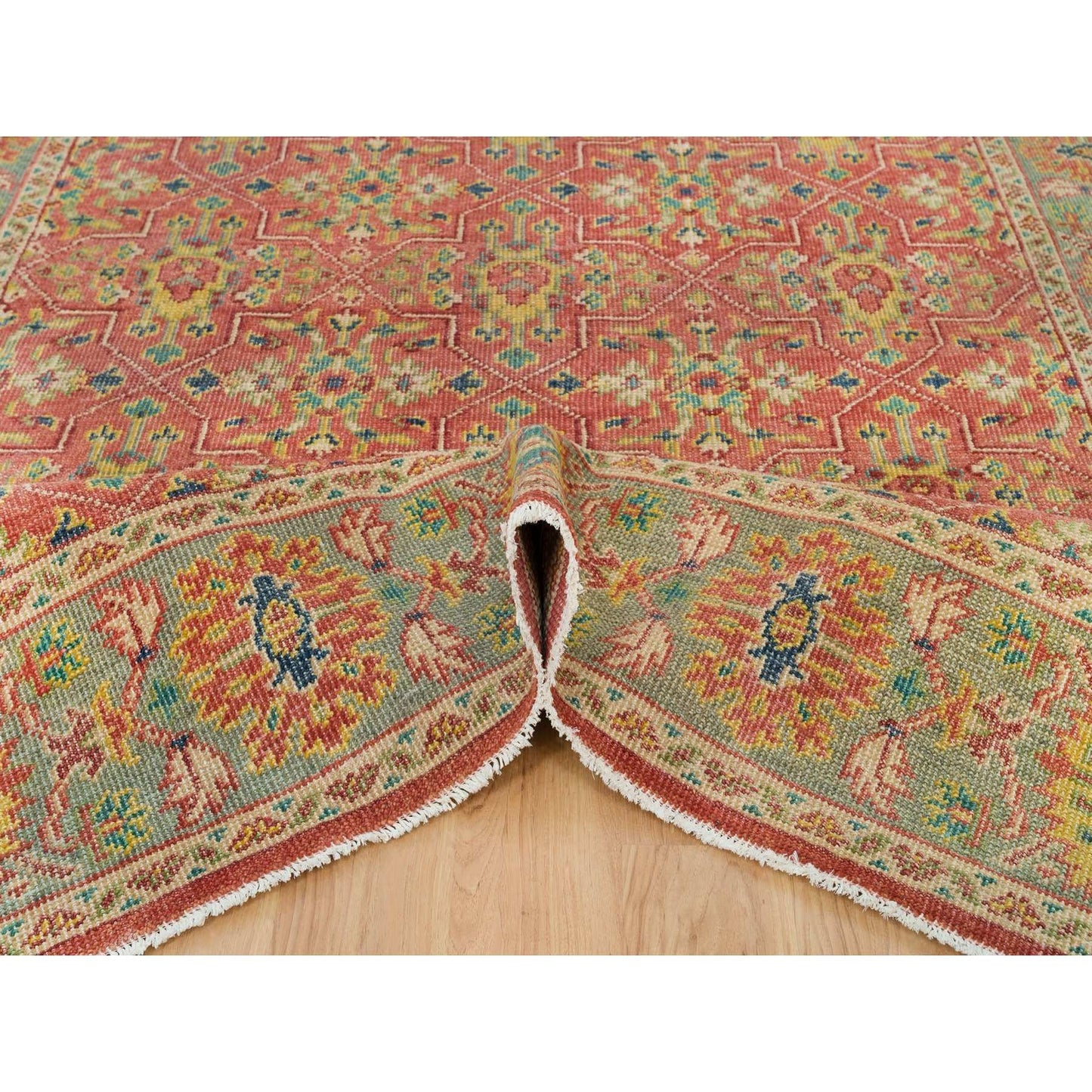 9'X11'9" Red Hand Knotted Antiqued Oushak Design Soft Wool Oriental Rug