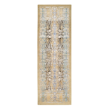 4'X12' Gold Brown Silk With Textured Wool Hand Knotted Wide Runner Rug